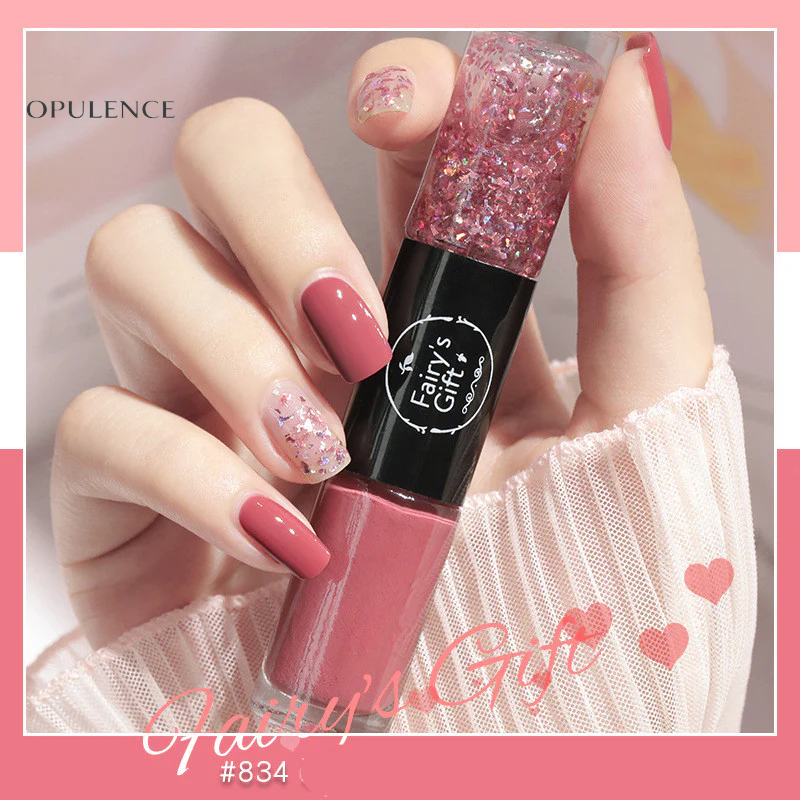 Dual-Tone Glossy Nail Set with Fast-Dry Sparkle Polish, No-Bake Chip-Resistant Clear Coat